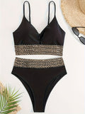 2 Piece Golden Contrast Band Sequin V Neck Bikini Set, High Waisted Stretchy Swimsuits with Spaghetti Strap for Women, Perfect for Carnival & Music Festival