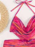 3 Piece Set Ombre Print Stretchy Swimsuits, Ruched Halter Bikini with Wrap Cover Up Skirt, Women's Swimwear & Clothing