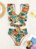 2 Piece Tropical Print V Neck Ruffle Hem High Waist Bikini Set - Women's Swimwear & Clothing