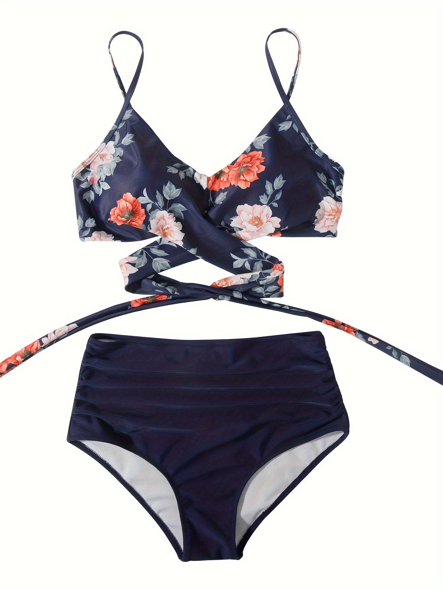 Tropical Print Ruched 2 Piece Set Bikini, V Neck Strappy High Waist Swimsuits, Women's Swimwear & Clothing