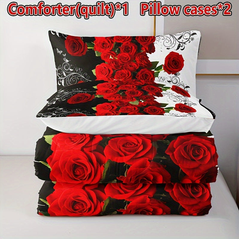 3pcs Romantic Red Rose Floral Quilt Set (1 Quilt + 2 Pillowcase Without Pillow Insert), Valentine's Day Quilted Bedding Set Soft Comfortable Breathable Printed Home Dorm For All Season