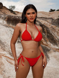 Sexy Solid Red Triangle Bikini - Stretchy V Neck, Tie Back, Halter Tie Side, 2 Piece Set - Perfect for Beach, Pool, Bathing, Women's Swimwear & Clothing