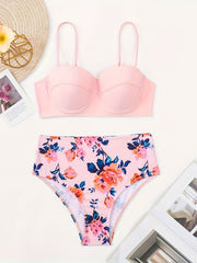 Floral Print High Waisted Push Up 2 Piece Set Bikini, Spaghetti Strap High Stretch Pinkish Swimsuits, Women's Swimwear & Clothing