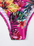 Women's Sexy Faux Pearl-Accented Bikini Set, Tropical Print, High-Waist Swimwear