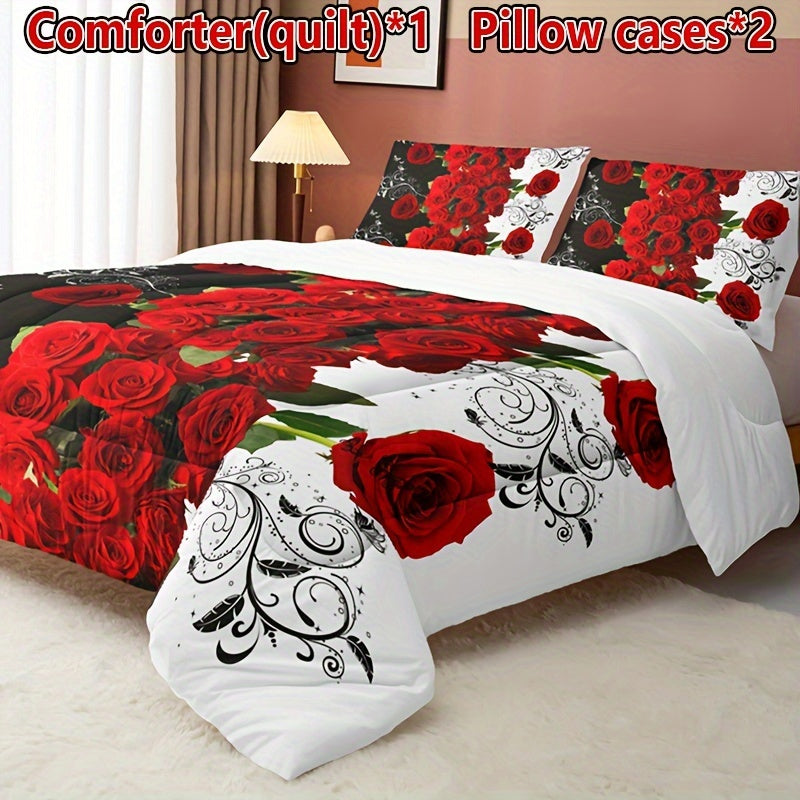 3pcs Romantic Red Rose Floral Quilt Set (1 Quilt + 2 Pillowcase Without Pillow Insert), Valentine's Day Quilted Bedding Set Soft Comfortable Breathable Printed Home Dorm For All Season