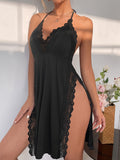 Sultry Lace Trim Dress - Sultry Halter Neck Design, Daring Backless Style, Flirty Side Split Hem, Seductive Lingerie-Inspired - Designed for Women, Intimate Underwear for Special Occasions