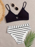 Chic 2-Piece Striped Bikini Set - V-Neck with Tie-Front, Flattering High-Cut Bottoms, Perfect for Beach and Poolside