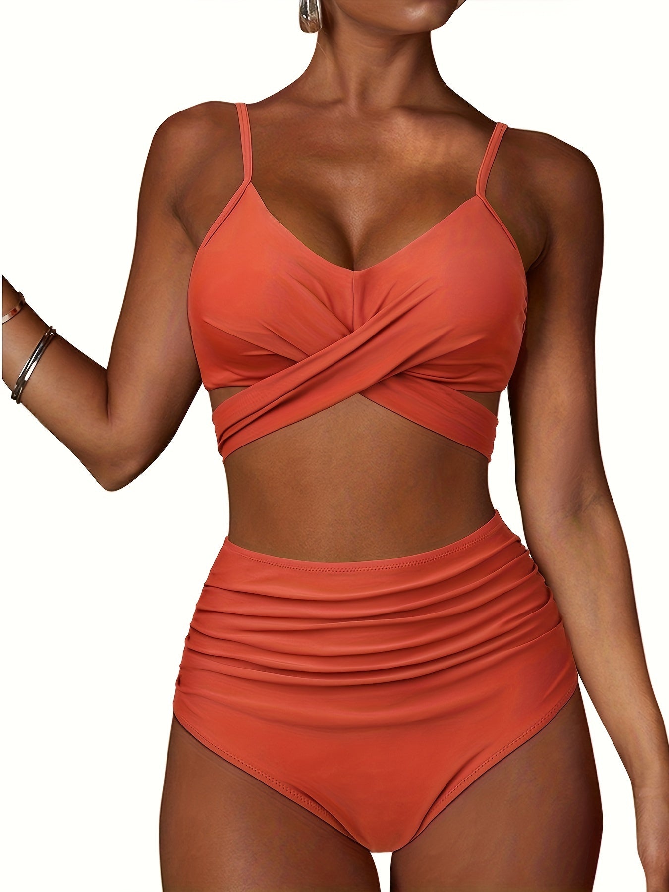 2 Piece Ruched Bikini Set - Women's High Waist Swimsuits with V Neck, Solid Color, Comfortable Swimwear & Clothing for Beach Vacation