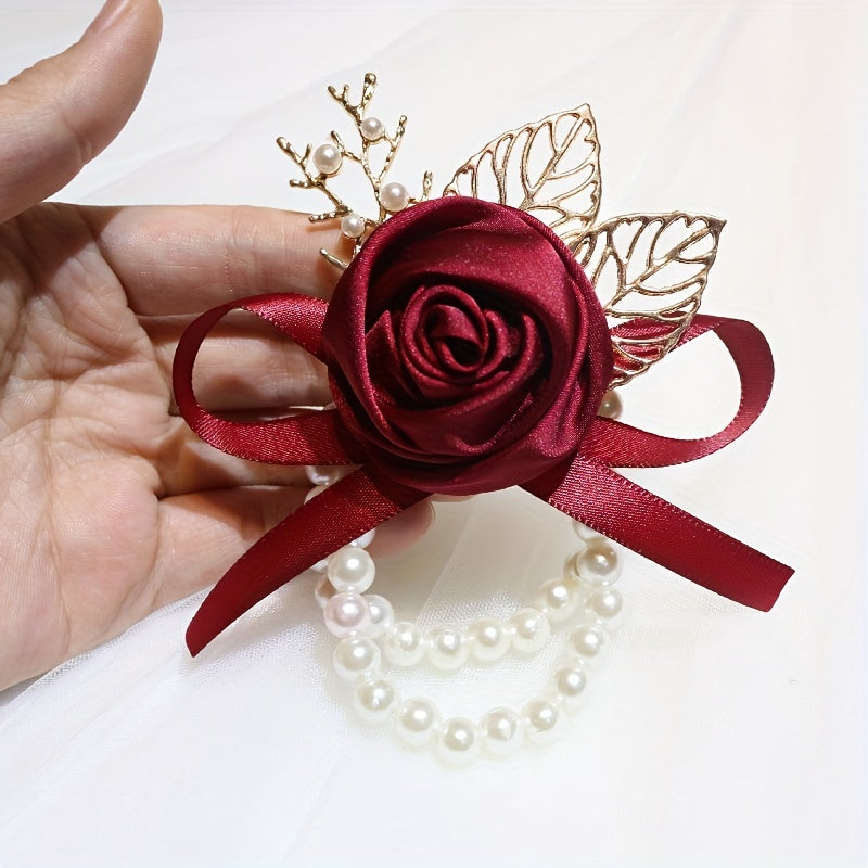 Elegant Champagne Rose & Faux Pearl Stretch Bracelet - Chic Polyester Fabric Wrist Corsage For Bridesmaids And Brides