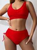 2 Piece Set Bikini - Twist Front V Neck Swimsuit with Drawstring Lace Up, Tie Back, Stretchy Fabric, Comfortable Fit for Beach Pool Bathing - Women's Swimwear & Clothing for Summer Vacation