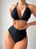 2 Piece Set Bikini - Sexy Halter V Neck Tie Back Backless High Waist Swimsuit with Triangle Top - Comfortable Women's Swimwear & Clothing for Summer Beach Vacation