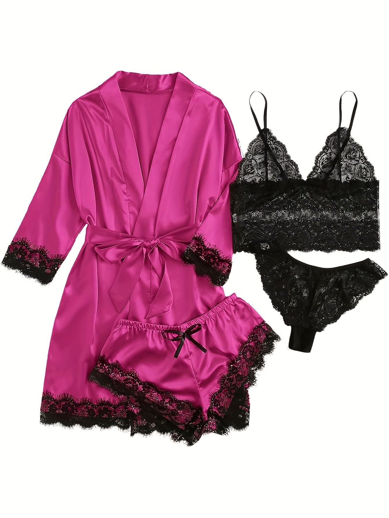 Three Quarter Sleeve Satin Elegant Lounge Set, Contrast Lace Robe With Belt, Cami Bra, Panty, and Elastic Shorts, Women's Loungewear