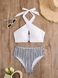 Chic Striped Two-Piece Swimsuit Set for Women - High Stretch, Crisscross Halter Top & High-Waist Bottoms, Machine Washable