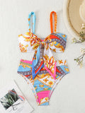 Allover Print Knot Front High Waist 2 Piece Set Bikini Swimsuits, Women's Swimwear & Clothing
