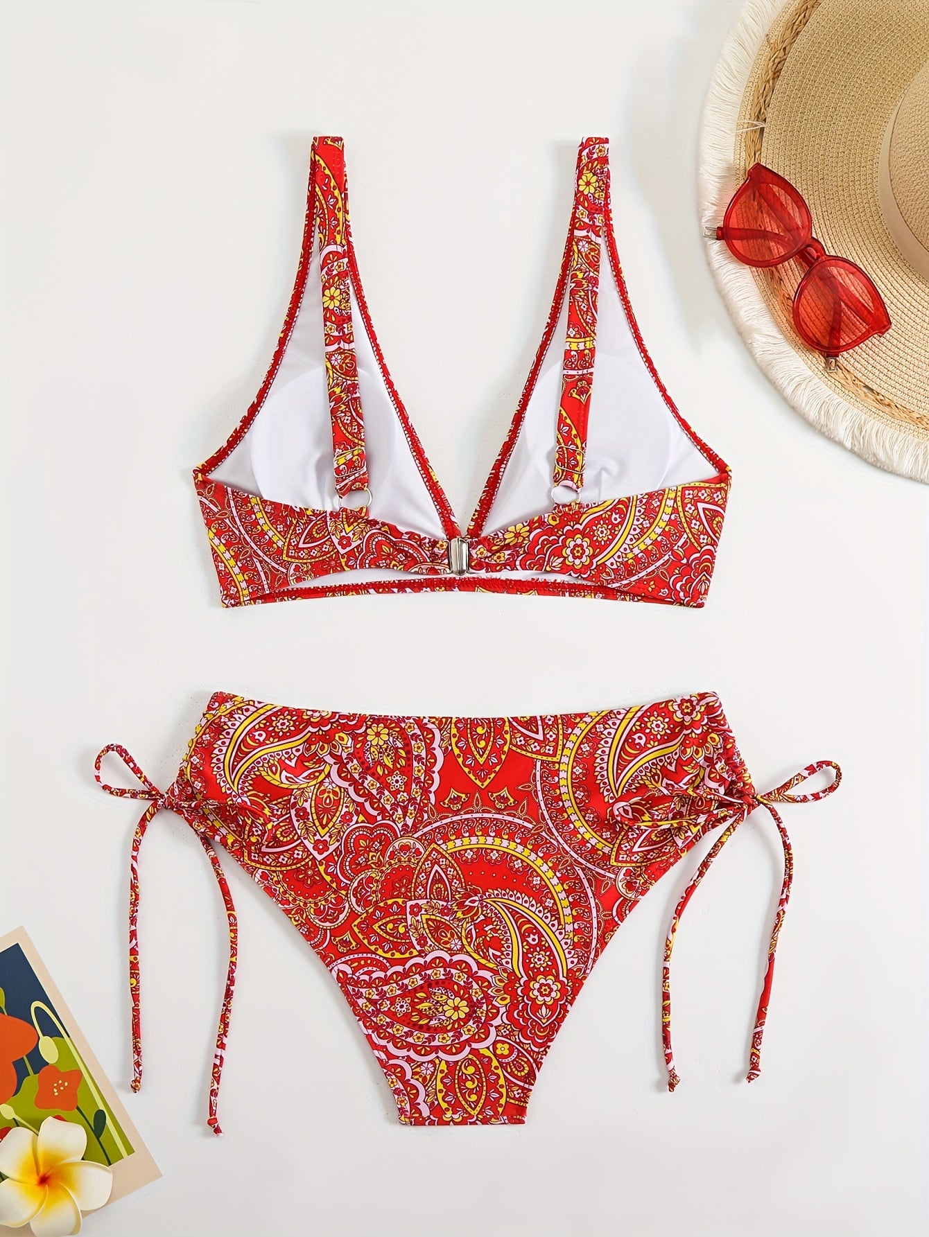 Chic Floral Print Bikini Set for Women - Slimming, High-Waist Two-Piece Swimsuit with Tie Detail, Stretchy Polyester Blend