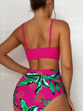 Two-Piece Leaf Print High-Cut Bikini Sets - V Neck Spaghetti Strap, High Stretch Polyester, Conventional Bottom, Random Printing, Sleeveless, Knit Fabric - Perfect for Valentines Day, Womens Swimwear & Clothing