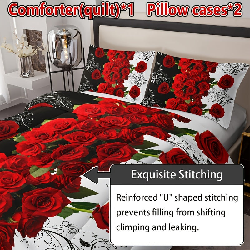 3pcs Romantic Red Rose Floral Quilt Set (1 Quilt + 2 Pillowcase Without Pillow Insert), Valentine's Day Quilted Bedding Set Soft Comfortable Breathable Printed Home Dorm For All Season