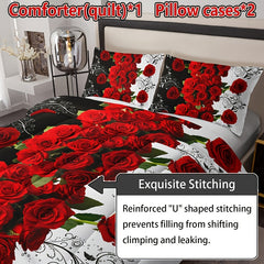 3pcs Romantic Red Rose Floral Quilt Set (1 Quilt + 2 Pillowcase Without Pillow Insert), Valentine's Day Quilted Bedding Set Soft Comfortable Breathable Printed Home Dorm For All Season