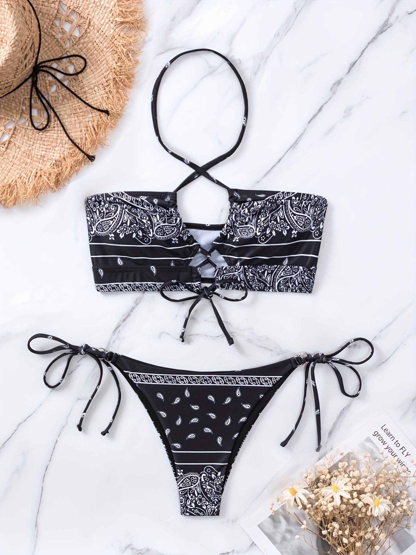 Two Piece Black Color Base Tie Centre Core Halter Neck Tie Side High Cut Ring-linked Ethnic Tribal Style All Over Print Bikini Sets, Women's Swimwear