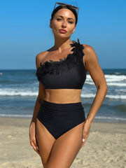 2-Piece Ruffle Chic Bikini Set - High Waisted Tummy Control, Solid Black, One-Shoulder Design, Women's Swimwear & Clothing for Summer Beach Vacation