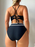 2 Piece Set Black & White Crisscross Tie Back Colorblock Bikini Swimsuits, Women's Swimwear & Clothing High Waist Bottoms Top