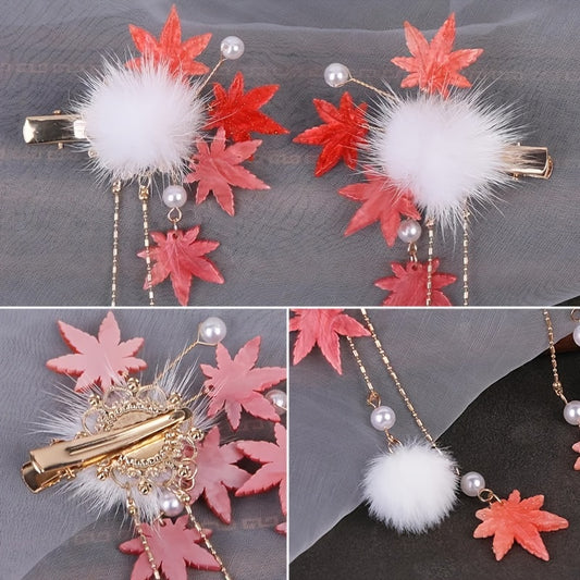 Vintage Style Hair Clip With Tassel, Red Maple Leaf Design Hairpin, Chinese Style Hair Accessory