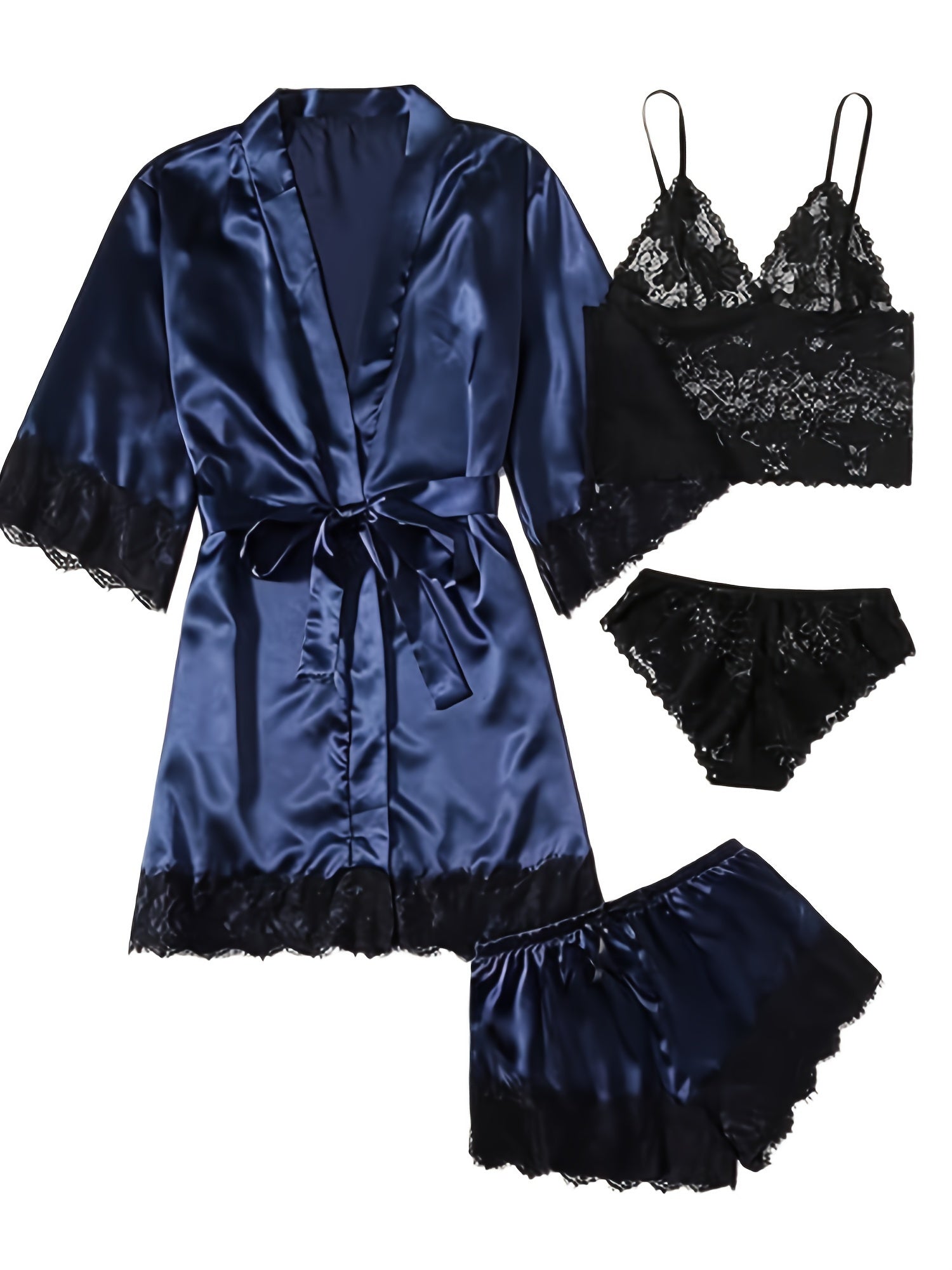 Three Quarter Sleeve Satin Elegant Lounge Set, Contrast Lace Robe With Belt, Cami Bra, Panty, and Elastic Shorts, Women's Loungewear