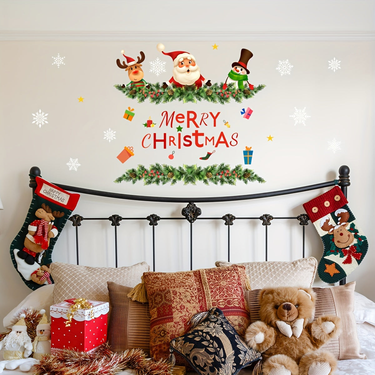 Santa & Snowflake Christmas Wall Decals - Self-Adhesive, Easy Apply for Bedroom & Home Decor