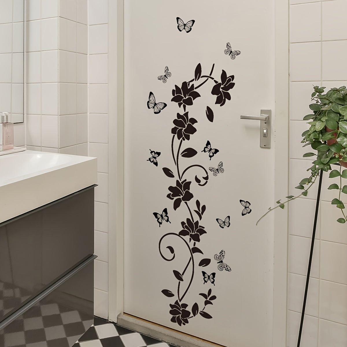 Elegant Black Floral & Butterfly Vine Mirror Decal - Self-Adhesive Wall Sticker For Bathroom And Home Decor