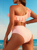 2 Piece Ruffle One Shoulder Stripes Print Bikini Set - High Waist Tummy Control, Asymmetric, Blue, Stretchy, Beach Swimsuit for Women