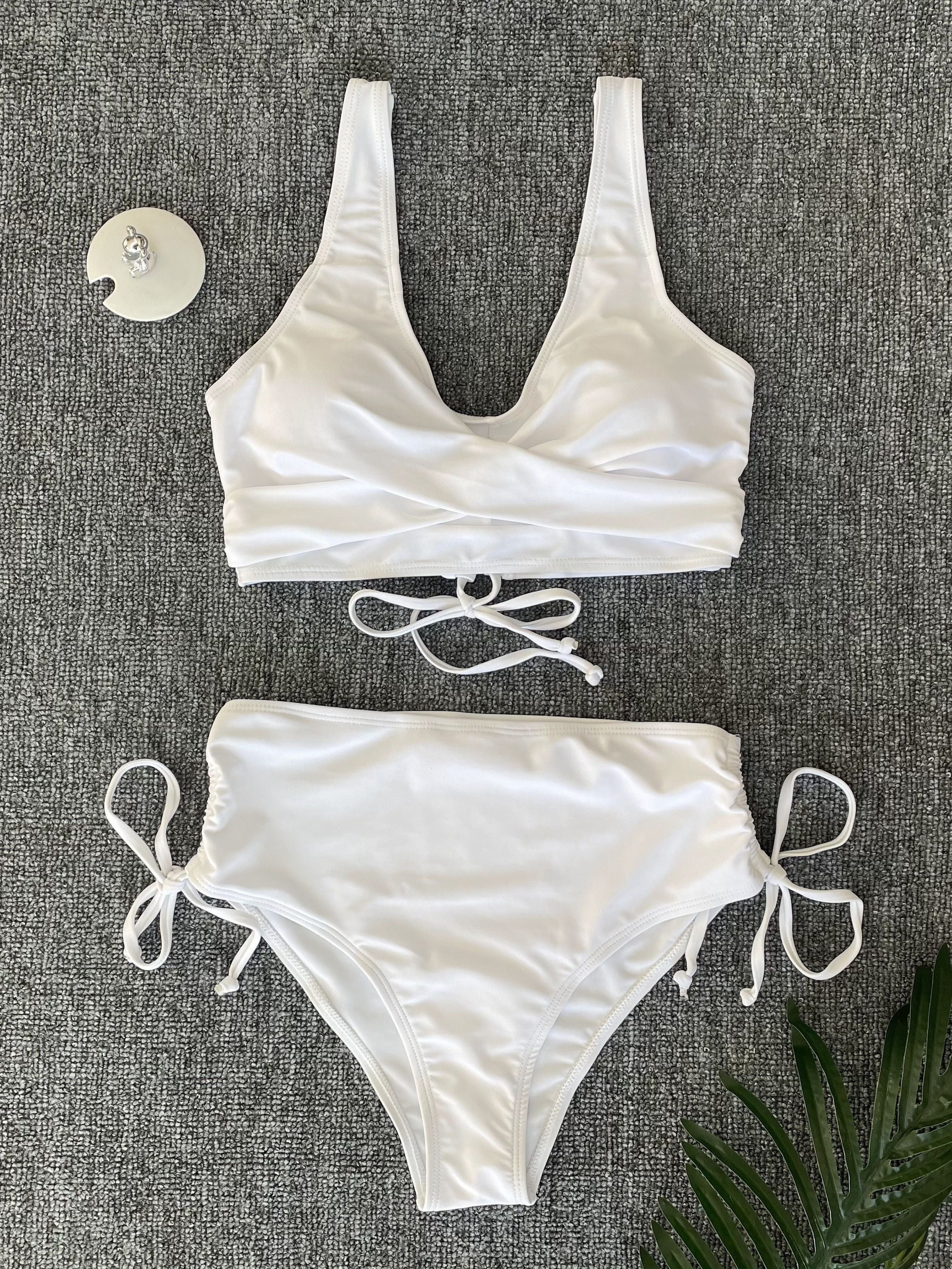 2 Piece Set Bikini - Twist Front V Neck Swimsuit with Drawstring Lace Up, Tie Back, Stretchy Fabric, Comfortable Fit for Beach Pool Bathing - Women's Swimwear & Clothing for Summer Vacation