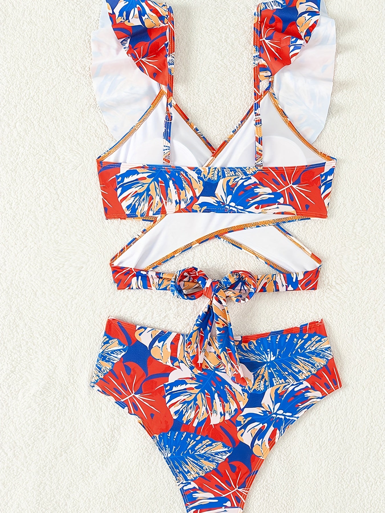 Flirty Tropical Print Ruffle Trim Bikini Set - High-Waisted Womens Swimsuit for a Chic Vacay Style - Comfortable Two-Piece Bathing Suit