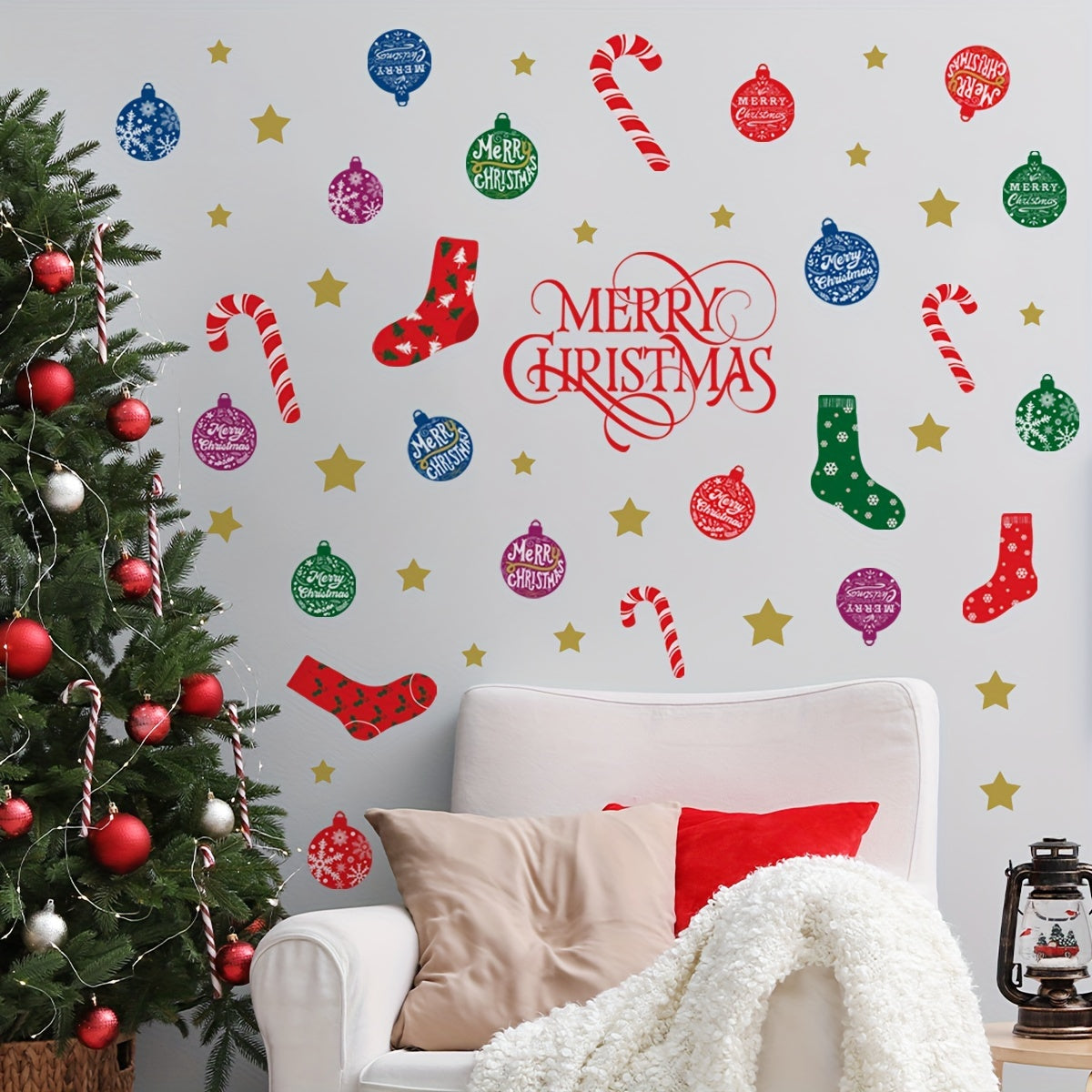 Classic Christmas Stocking Wall Decal - Easy Peel & Stick, Removable PVC Sticker for Living Room, Kitchen, Bedroom & Hallway Decor