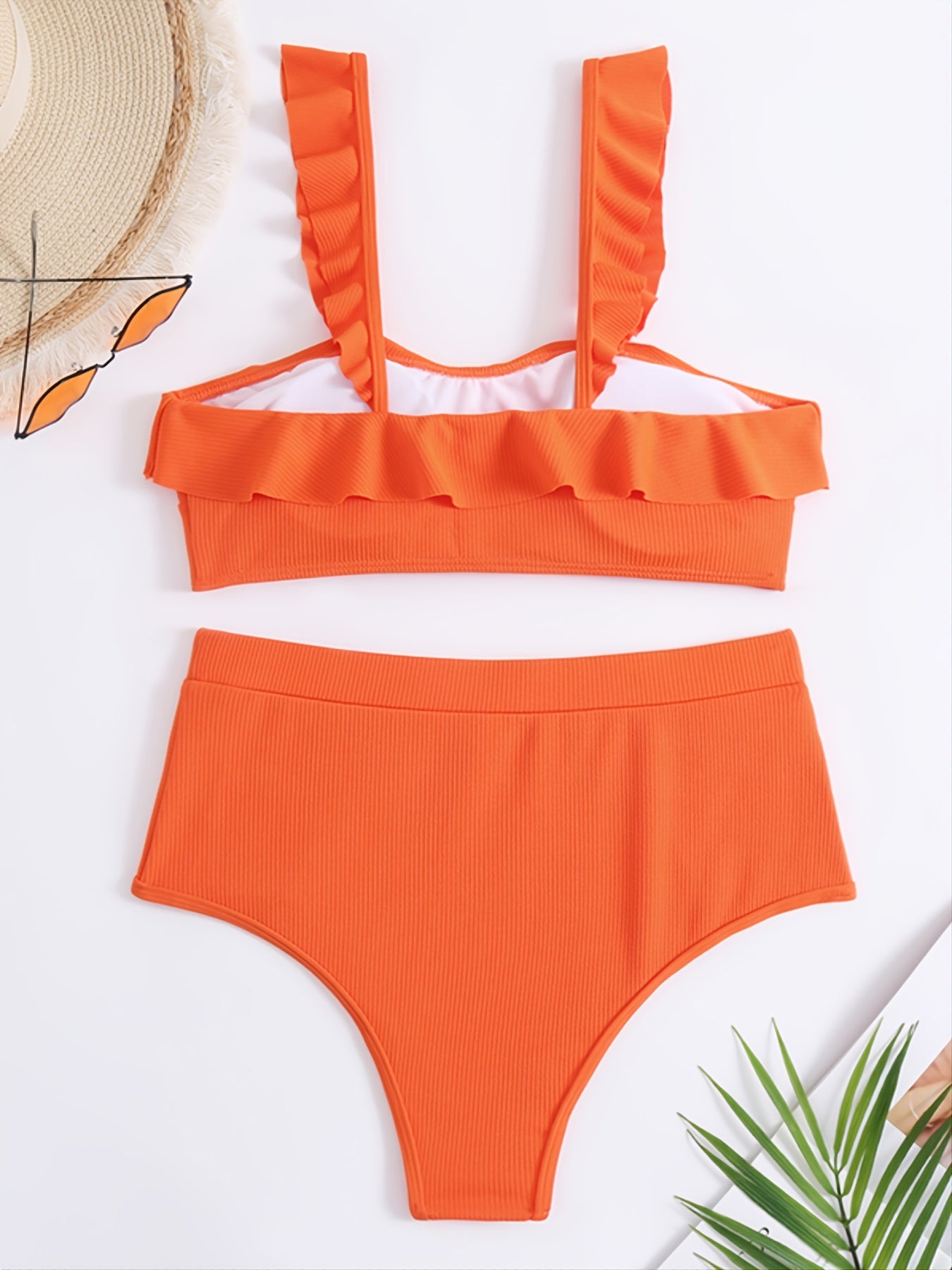 High Waist Ruffled Trim Two Piece Bikini Sets Swimsuit, Women's Tummy Control Swimwear with Shoulder Straps