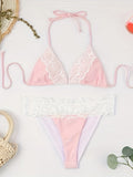 Vivid Color Block & Lace Halter Bikini Set - Deep V Neck, Adjustable Tie Back, High-Cut, Comfort Stretch Swimwear for Women