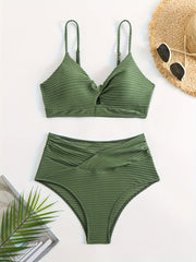 Chic High-Waist Bikini Set for Women - Solid Color, V-Neck Top & Stretchy Swim Bottoms, Machine Washable