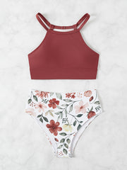 2 Piece High Waisted Leaf & Floral Print Bikini Set - Stretchy Spaghetti Strap Top, Comfy Bottoms, Machine Washable, High Stretch Polyester, Knit Fabric, Random Printing - Womens Swimwear & Clothing