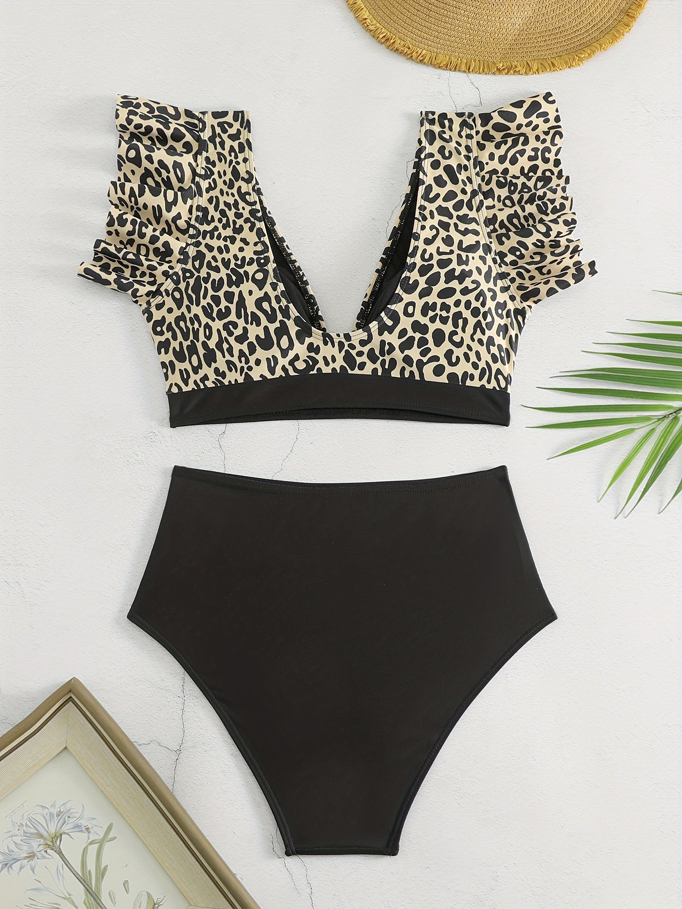 Chic 2-Piece V-Neck Bikini Set - High-Waisted Ruffle Bottoms, Sleek Black Stretch Fabric, Ideal for Beachwear & Poolside