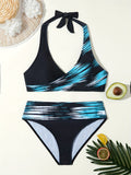 Two-Piece Womens Bikini Set - Stylish Halter Neck, Seductive Backless, Comfortable, Eye-Catching Striped Print - Perfect for Beach Vacations and Hot Spring Getaways, High-Quality Swimwear, Fashionable Swimsuit for Women