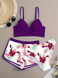 3 Piece Set Floral Leaf Print Swimsuits - Women's Swimwear Sets with Cross Spaghetti Strap Push Up Bikini, Boxer Shorts, Stretchy Fabric, and Comfortable Design for Beach and Pool