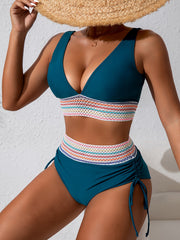 Women's Ethnic Style High-Waisted Bikini Set with Adjustable Drawstring and Contrast Binding Detail, Polyester Knit Fabric with Elastane for Stretch, Solid Color Two-Piece Swimsuit