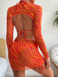 4 Piece Striped Print Bikini Set - High Stretch, Long Sleeve, Halter Neck, Tie Side, Knotted, Machine Washable - Customized Geometric Pattern Swimwear for Women
