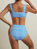 High-Waisted Two Piece Bikini Set, Blue And White Leopard Print Swimsuit With Square Neckline And Full Coverage Bottoms, Summer Beachwear