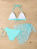 3-Piece Women’s Swimwear Set - Classic Solid Butterfly Applique, Playful Lettuce Trim & Tie-Halter Design - Perfect for Beach & Pool