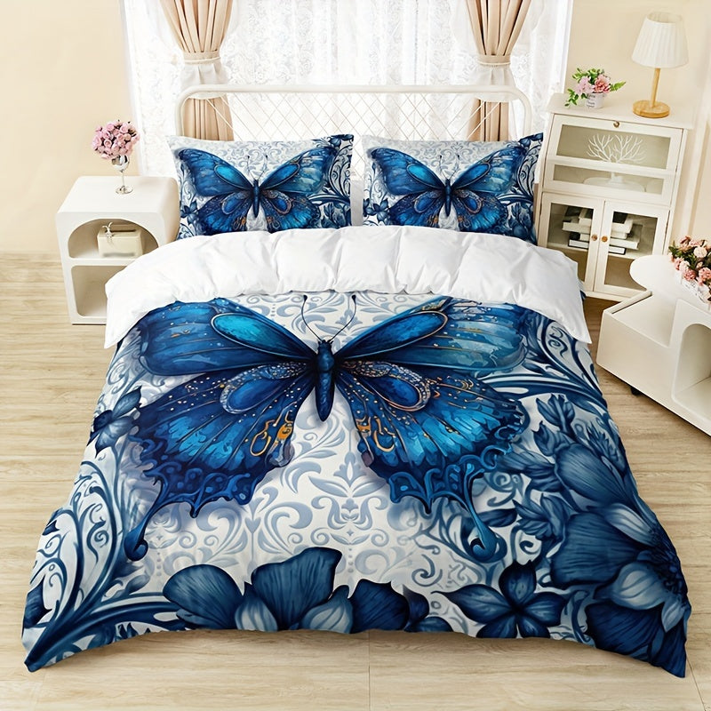 Luxury Blue Butterfly 3pc Bedding Set: Breathable, All-Season Duvet Cover & Pillowcases, Easy Maintenance for Comfort & Style