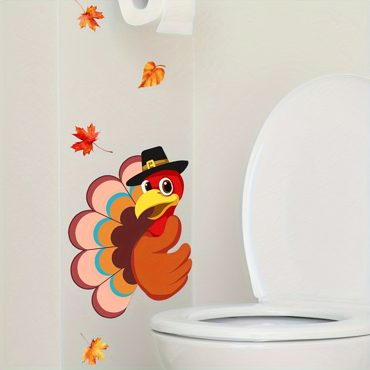 1pc Autumn Thanksgiving Turkey Maple Leaf Toilet Stickers, Bathroom Wall Decals, Aesthetic Home Decoration, Room Decor, Beautify Your Home