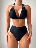 2 Piece Set Bikini - Sexy Halter V Neck Tie Back Backless High Waist Swimsuit with Triangle Top - Comfortable Women's Swimwear & Clothing for Summer Beach Vacation
