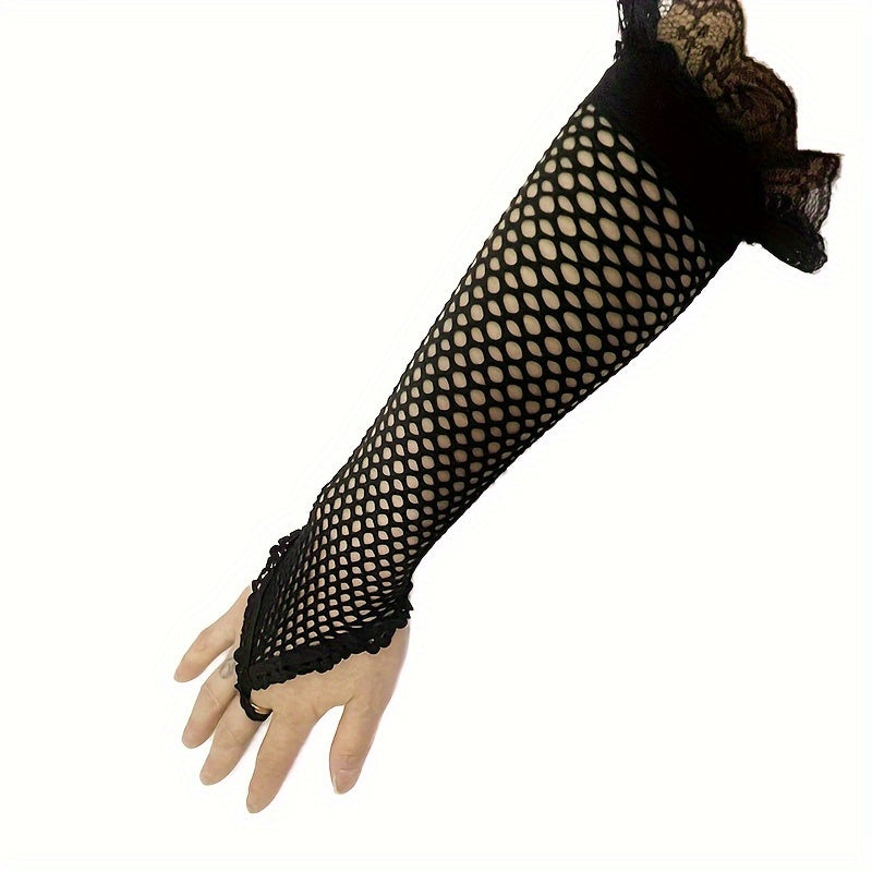 Elegant Nylon Party Gloves With Hole Pattern, Long Length, Formal Occasion, Decorative Fingerless Gloves For Women