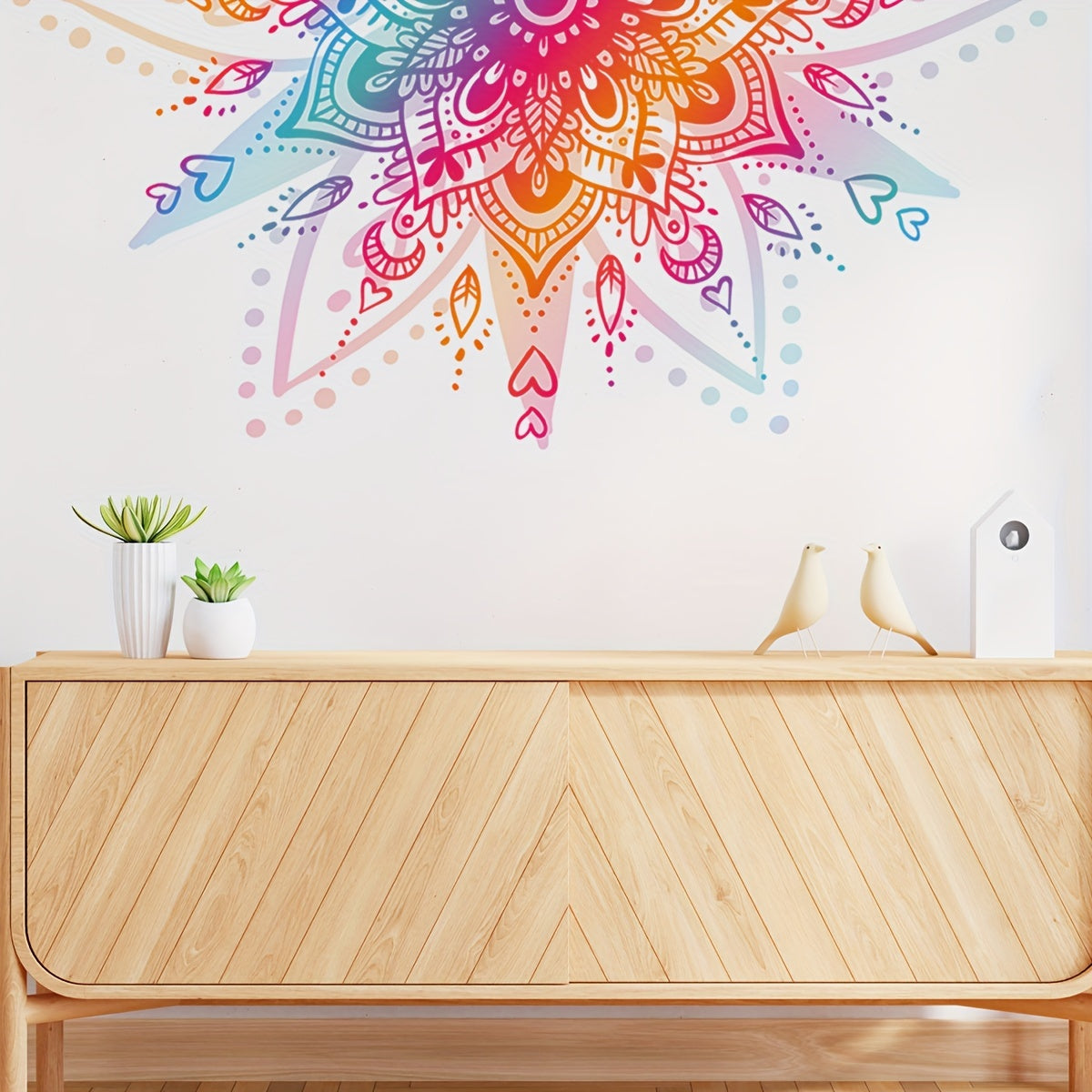 Bohemian Style Floral Mandala Wall Decal - PVC Material, Self-Adhesive, Durable, and Battery-Free