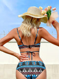 Vibrant Tribal Print Two Piece Bikini Sets - Women's Swimwear Triangle Top with Criss Cross Layered Centre Core Tie Back, Ladder Straps, Side Low Waist, and All Over Print Design - Perfect for Beach and Pool Time
